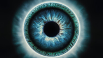 close up sharpest image of a eye ball with blue eye with blue green rim