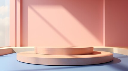 Pastel 3d product display stand on cream studio podium with abstract background in soft light