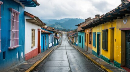 Fototapeta premium village street, showing the houses lined up along the road generative ai