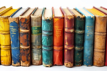 A row of old books with yellow and blue spines