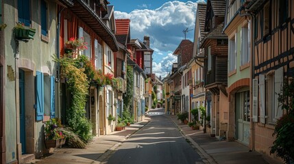 village street, showing the houses lined up along the road generative ai