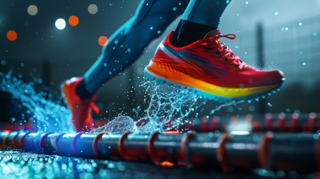 A closeup of an athletes foot soaring over a gluon hurdle with the distinctive colors of the strong force visible.