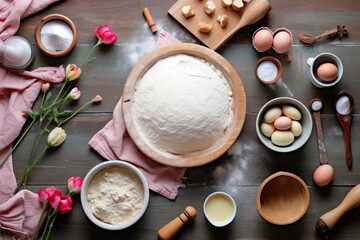 Top View of Minimalist Style Ball of Dough and Ingredients for Baking - Powered by Adobe