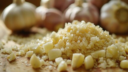 A close up of a pile of minced garlic on a wooden cutting board. The background is blurred and there are garlic bulbs in the background.