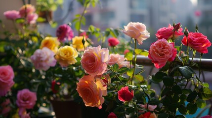 A colorful bouquet of roses and other flowers are displayed on a balcony
