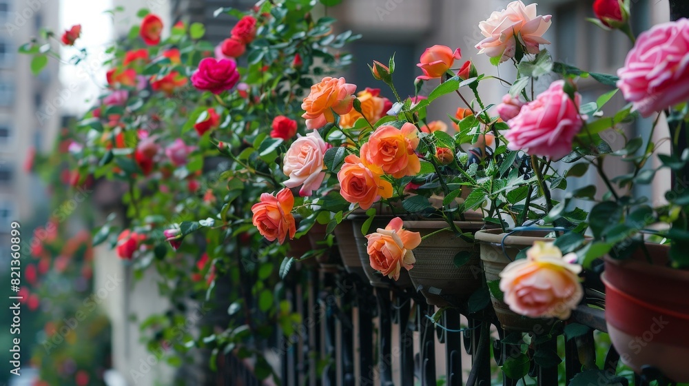 Wall mural A row of potted flowers with a fence in the background