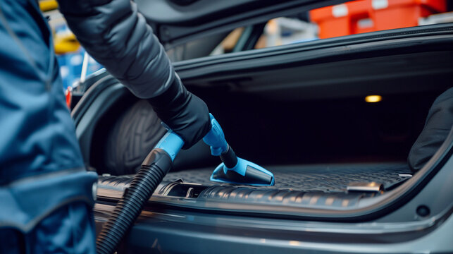Car interior cleaning service. Cleaning specialist hoovering car boot with vacuum cleaner