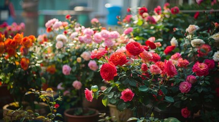 Naklejka premium A garden with many different colored flowers, including pink and orange roses