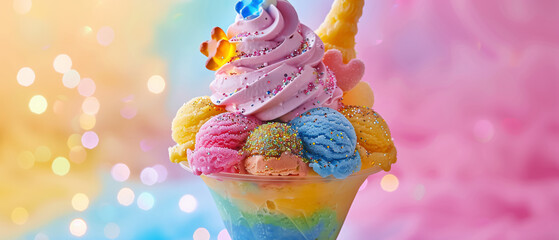 A vibrant and playful ice cream sundae with multi-colored scoops, edible glitter, and whimsical toppings like cotton candy and gummy bears, pastel background, bright studio lighting