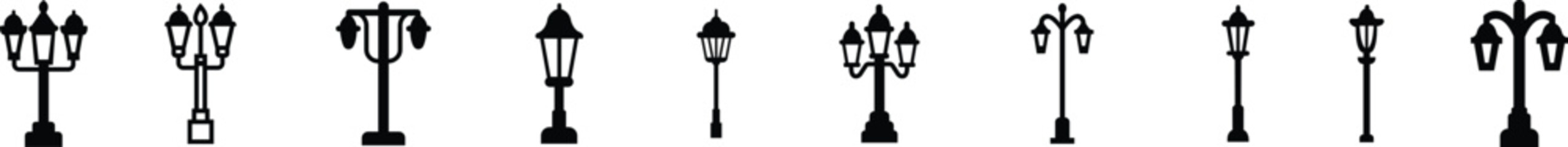 street light lamps and spotlights flat icon set. Old and modern street lamp black silhouette city vintage glowing in darkness road in dusk vector collection isolated on transparent background