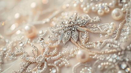 A close-up of intricate beadwork on the bodice of a mermaid-style wedding gown, with shimmering pearls and crystals catching the light from every angle