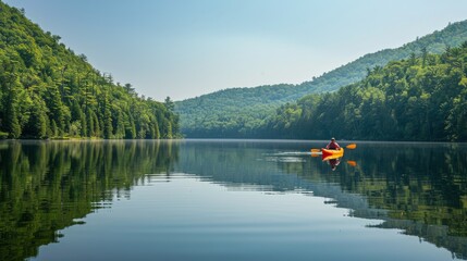 Person Kayaking in Middle of Lake