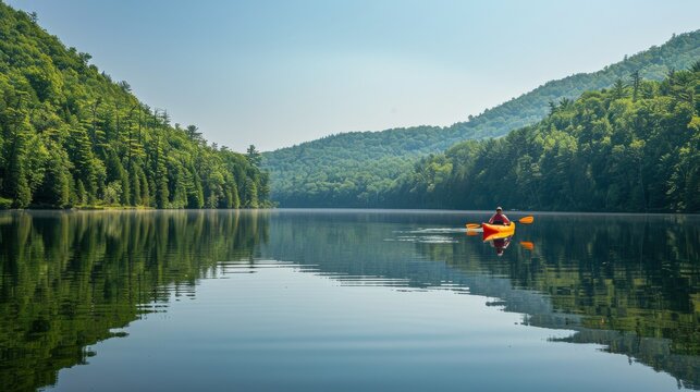 Person Kayaking in Middle of Lake