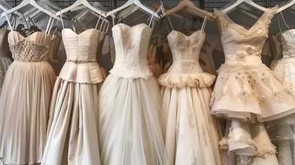 A rack of vintage-inspired tea-length wedding dresses in soft ivory and champagne tones, with sweetheart necklines and full skirts cinched at the waist