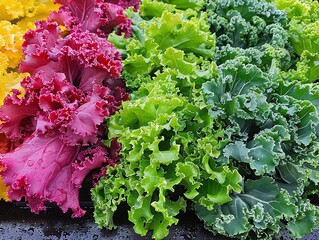 A close-up image of a variety of kale, including red, green, and yellow varieties. The leaves are arranged in a rosette pattern and have a ruffled texture.