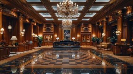 Elegant Hotel Lobby With Chandelier and Marble Floors
