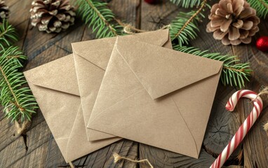 Three Envelopes With Candy Canes on a Wooden Table