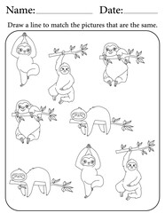 Sloth Puzzle. Printable Activity Page for Kids. Educational Resources for School for Kids. Kids Activity Worksheet. Match Similar Shapes