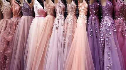 Rows of elegant A-line prom dresses in shades of blush pink and lavender, each one adorned with intricate beading and sequins for a touch of glamour