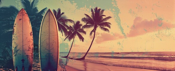 Surfboards on a Beach at Sunset