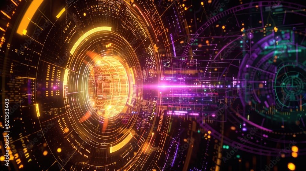 Poster the image is a glowing 3d rendering of a futuristic spaceship tunnel with bright lights and a glowin