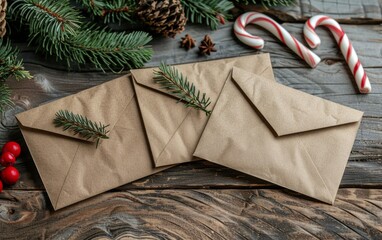 Three Envelopes With Candy Canes on a Wooden Table