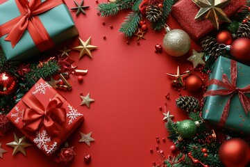 Red Christmas Background With Presents and Pine Cones