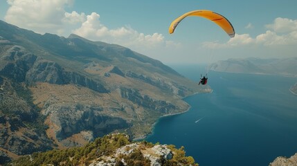 Paraglider Flying Over Mountain Range