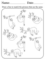 Sloth Puzzle. Printable Activity Page for Kids. Educational Resources for School for Kids. Kids Activity Worksheet. Match Similar Shapes