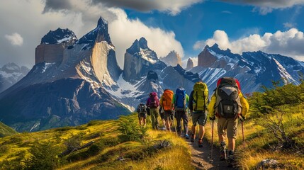 Group of People Hiking Up Hill With Mountains in Background