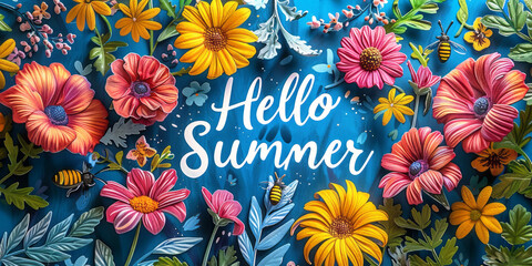 Artistic depiction of vibrant flowers with the phrase hello summer prominently displayed