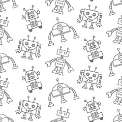 Cute Fun Robots Seamless Pattern Doodle Background