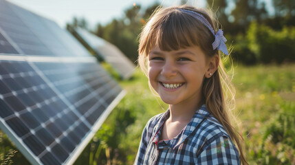 Little Girl Standing in Field Next to Solar Panel