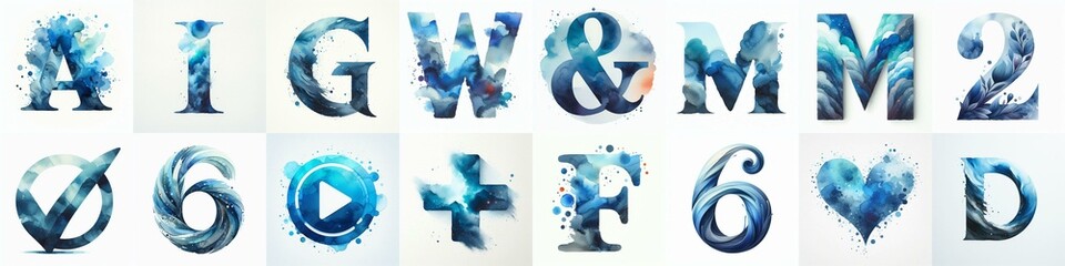 Blue watercolor Lettering Typeface. AI generated illustration