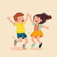 Two children are jumping and laughing together