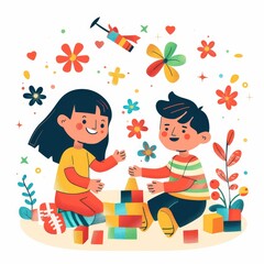 Naklejka premium A girl and a boy are playing with blocks