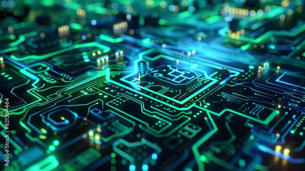 Aufkleber vivid pathways of neon green and blue on a circuit board creating a stunning visual that mimics the 
