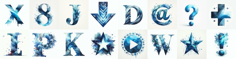 Blue watercolor Lettering Typeface. AI generated illustration