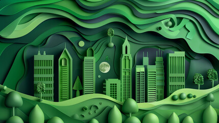 Paper Cut of Sustainable City With Trees and Buildings