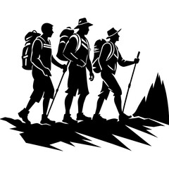 Hiking illustration featuring three people in vector silhouette