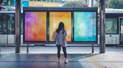 A woman stands in front of three colorful billboards