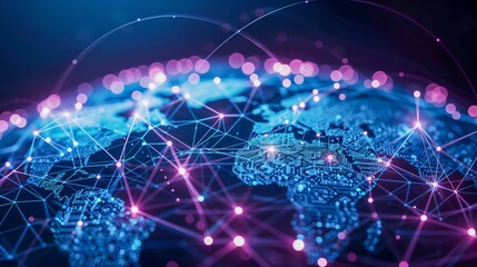 Fototapeta premium Abstract visualization of global network connections with glowing points and lines on a world map.