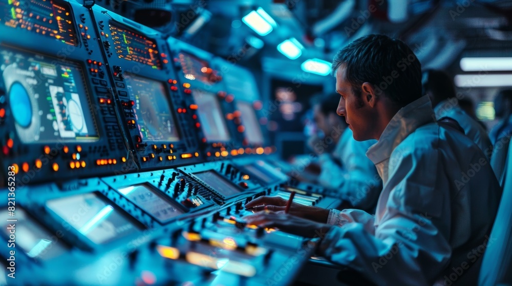 Poster a group of astronauts working on a complex control panel finetuning the intricate technology powerin