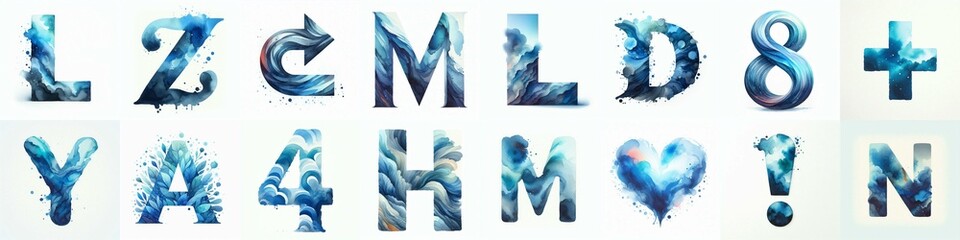 Blue watercolor Lettering Typeface. AI generated illustration