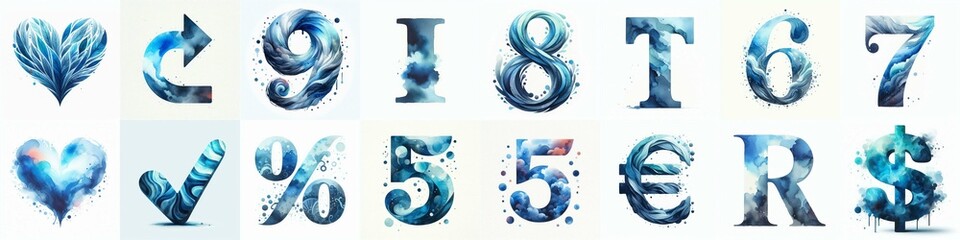 Blue watercolor Lettering Typeface. AI generated illustration