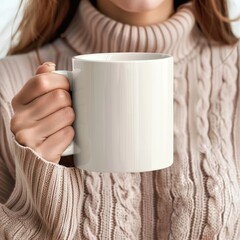 A woman is holding a white coffee mug