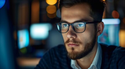 Obraz premium a young businessman with eyeglasses. he is focusing on the computer screen. in a complex and busy office background. generative AI