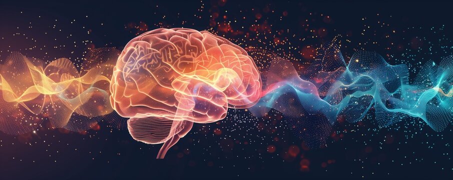 Illustration of human brain with sound waves pattern