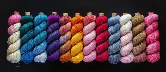 Multicolored Yarn Skeins in a Row