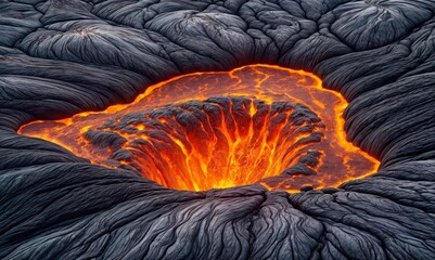 volcanic pit of lava spewing out of the ground surrounded by black lava rocks.